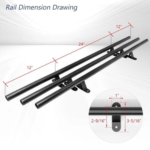 12 Foot Sliding Library Ladder Hardware Kit For Black Retractable Rolling Ladder With Braking Casters Adjustable Upright Position Max Load 300 Pounds No Ladder Included All In One Kit For Easy Weekend Installation, showing rail dimensions.