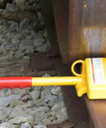 Steel Single Rail Chock With Handle For Keeping Railroad Cars From Moving All Welded Steel Construction Bright Yellow Finish