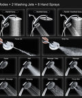 High Pressure Rain Shower Head With Magnetic Detachable Handheld Combo showing 10 spray settings and powerful jets.