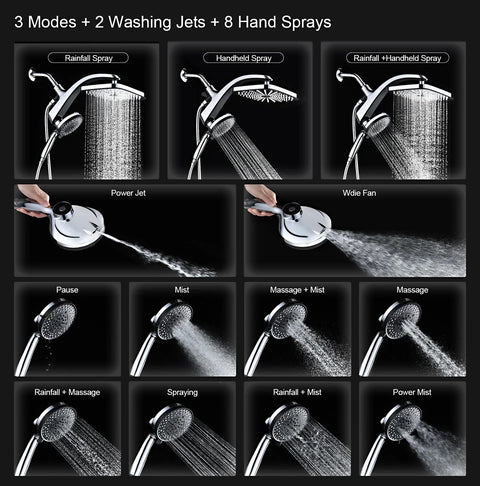 High Pressure Rain Shower Head With Magnetic Detachable Handheld Combo showing 10 spray settings and powerful jets.