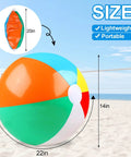 2 Pack Beach Balls, 20 Inch Beach Balls, displayed with rainbow colors and size details against a beach backdrop.