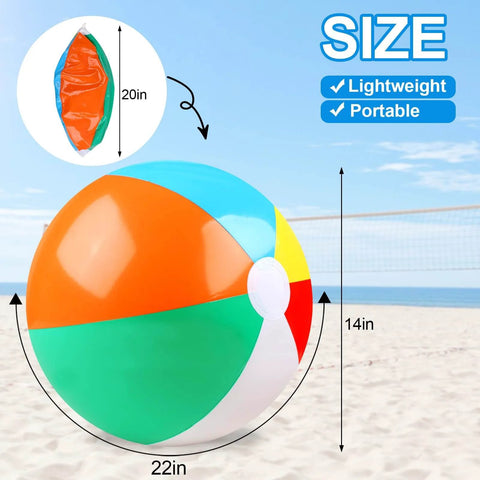 2 Pack Beach Balls, 20 Inch Beach Balls, displayed with rainbow colors and size details against a beach backdrop.
