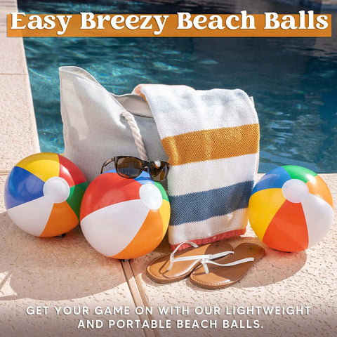 12-Pack 12“ Beach Balls - Bulk Classic Beachball Inflatable Swimming Pool Toys for Games Adults Kids Birthday Party Supplies Combo Set, Rainbow Color Blow Up Luau Decorations Favors Gifts (12"), beach setting with towel and flip-flops