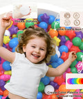 Happy toddler playing in a ball pit filled with colorful star-shaped balls, labeled thick and durable, BPA-free, non-toxic.
