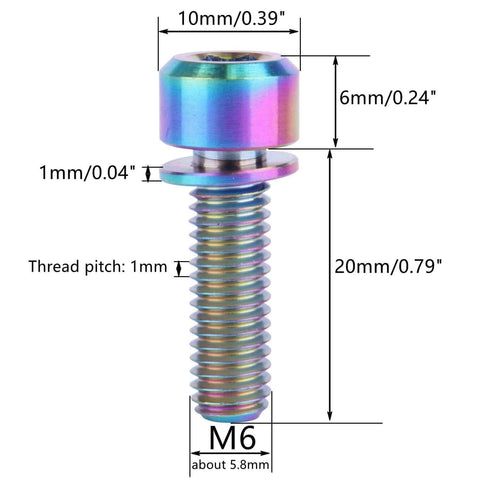 ✝️ UHDFBDHF Titanium Bolt M6x16 18 20mm Allen Hex Pillar Head for Bicycle Screw Pack of 4 (Ranibow, M6x20mm), dimensions shown