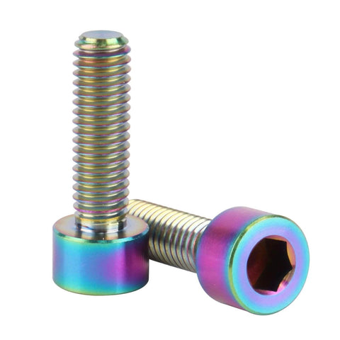 ✝️ UHDFBDHF Titanium Bolt M6 x 20mm Hex Bolt for Bicycle Screw Pack of 4, Rainbow finish, close-up view of two bolts.