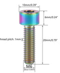 Rainbow-colored UHDFBDHF Titanium Bolt M6 x 20mm Hex Bolt with dimensions shown for bicycle screw, highlighting 10mm head and 1mm thread pitch.