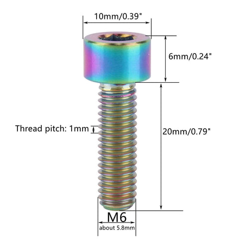 Rainbow-colored UHDFBDHF Titanium Bolt M6 x 20mm Hex Bolt with dimensions shown for bicycle screw, highlighting 10mm head and 1mm thread pitch.