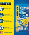 Rain-X windshield repair kit packaging with icons showing features like easy use, advanced resin formula, and multiple repairs.