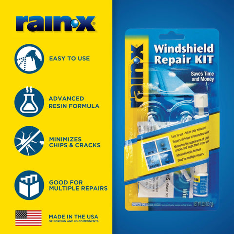 Rain-X windshield repair kit packaging with icons showing features like easy use, advanced resin formula, and multiple repairs.