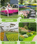 Collage of raised bed, flower garden, greenhouse, and shrubs showcasing various gardening setups.