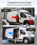 Comparison of sliding door issues on a white Ram ProMaster van, showing signal troubleshooting with door contact sensor.