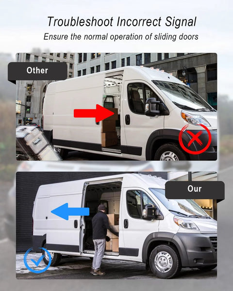 Comparison of sliding door issues on a white Ram ProMaster van, showing signal troubleshooting with door contact sensor.
