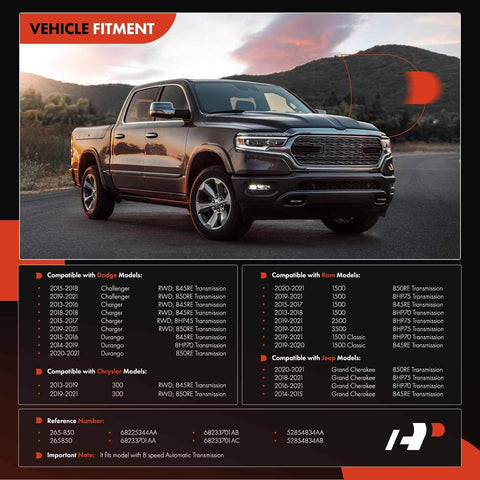 Vehicle fitment chart for Transmission Oil Pan With Gasket And Drain Plug For Ram 1500 2500 3500 Jeep Grand Cherokee Dodge Charger Challenger Chrysler 300 With 8 Speed Automatic Transmission Direct Fit