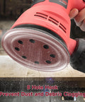 8-hole hook on random orbital sander using 165 Piece 5 Inch Sanding Discs Set for dust prevention.