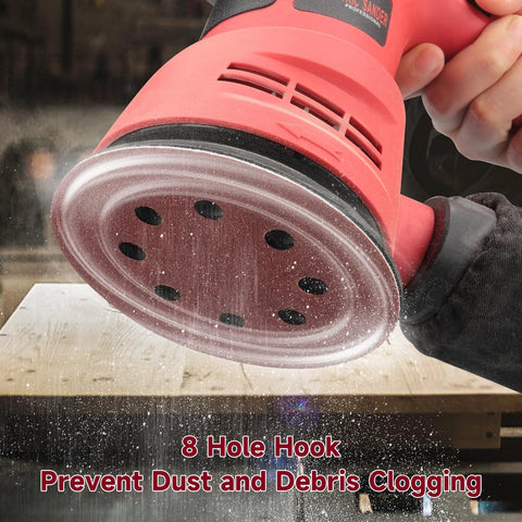 8-hole hook on random orbital sander using 165 Piece 5 Inch Sanding Discs Set for dust prevention.