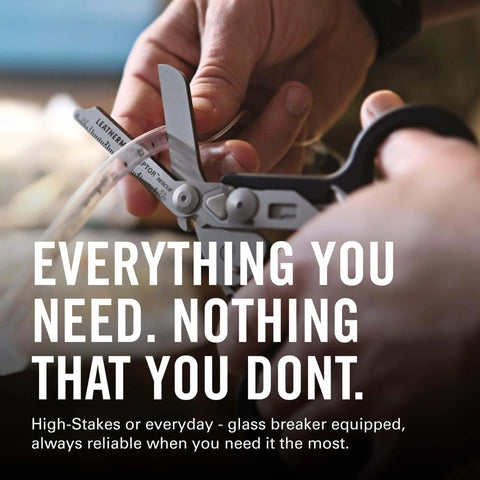 Raptor Rescue 6-in-1 Heavy-Duty Emergency Trauma Shears With Included Utility Holster Made In USA Built For Quick Rescue And Grab-And-Go Everyday Tough Situations Anywhere, close-up view of hands using shears