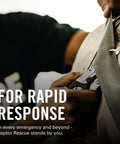 Raptor Rescue 6-in-1 Heavy-Duty Emergency Trauma Shears in use with included utility holster, designed for quick rescue, Made in USA.