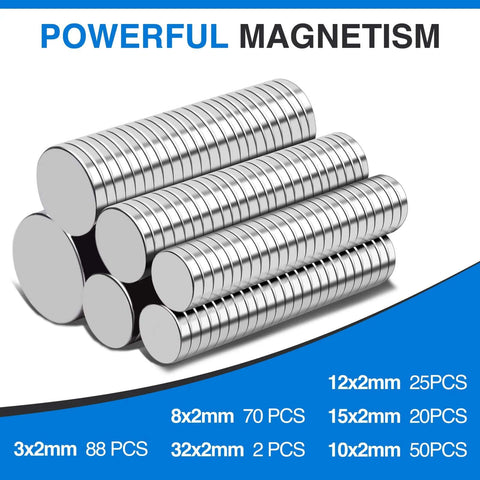 255 Pcs Rare Earth Neodymium Magnets Set In 6 Sizes, stacked silver magnets for crafts and organization.