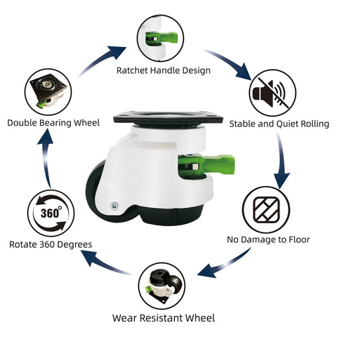 Diagram of Four Pack Leveling Casters With Ratchet Handle, Heavy Duty Adjustable Wheel Sets, 360 Degree Swivel Castors features.
