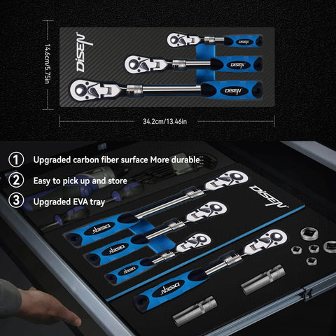 Tool set with chrome ratchets and blue handles in EVA tray, carbon fiber surface, easy to store and durable design in drawer
