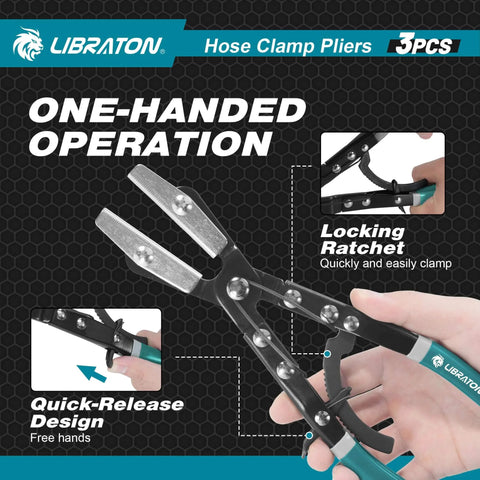 Hose Clamp Pliers Set 3 Piece Ratchet Hose Pliers For Automotive Fuel And Radiator Hoses Includes 8 Inch 10 Inch 12 Inch Pliers With Adjustable Opening Widths And Durable Storage Bag showing one-handed operation and locking ratchet mechanism