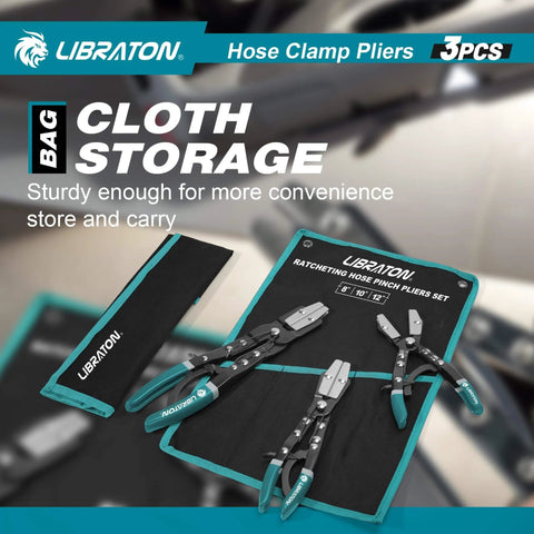 Hose Clamp Pliers Set 3 Piece Ratchet Hose Pliers For Automotive Fuel And Radiator Hoses Includes 8 Inch 10 Inch 12 Inch Pliers With Adjustable Opening Widths And Durable Storage Bag displayed on cloth storage bag