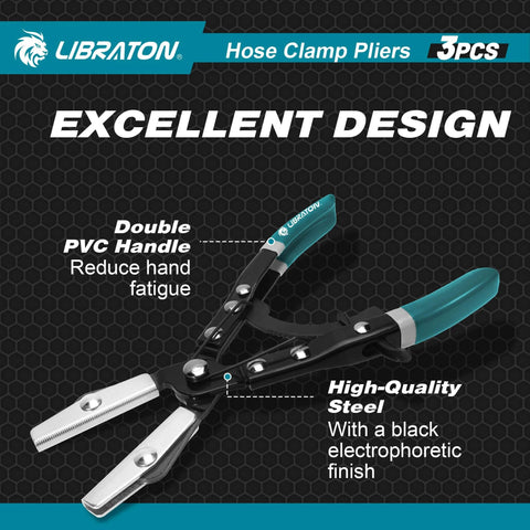 Hose Clamp Pliers Set 3 Piece Ratchet Hose Pliers For Automotive Fuel And Radiator Hoses Includes 8 Inch 10 Inch 12 Inch Pliers With Adjustable Opening Widths And Durable Storage Bag shown with PVC handle and steel construction