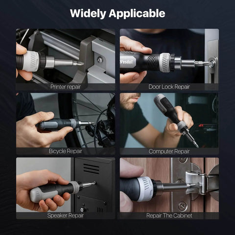 13-In-1 Ratchet Screwdriver Set With Built-In Bit Storage used in various home repairs like printers and doors.