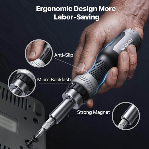 Person using 13-In-1 Ratchet Screwdriver Set With Built-In Bit Storage, showing anti-slip grip and magnetic feature during home repair.