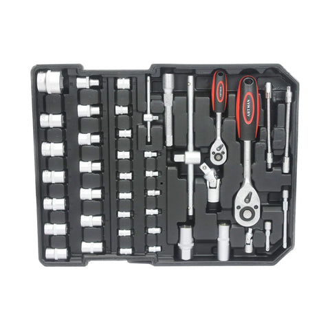 Beefed-Up All In One Large Capacity Repair Toolkit For Home Auto Garden And Handyman shown with socket set and ratchets