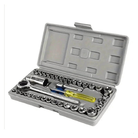 40 Piece Ratchet And Socket Set For Home And Car Repairs In A Portable Toolbox Case Made From Chrome Vanadium Steel With Mirror Finish