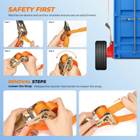 Safety instructions for using ratchet tie-downs with 2 Pack Shipping Container Wheels 6 Lug Axles Kit