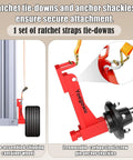 Red 2-Pack Heavy-Duty Shipping Container Wheel Kit with 8 Lug Bolt-On Spindle, ratchet tie-downs, and anchor shackles.