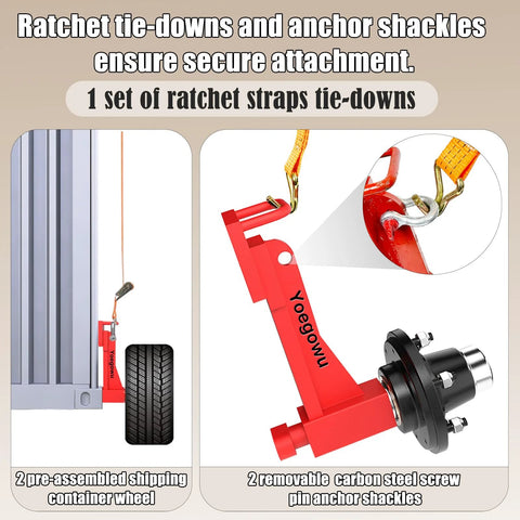 Red 2-Pack Heavy-Duty Shipping Container Wheel Kit with 8 Lug Bolt-On Spindle, ratchet tie-downs, and anchor shackles.