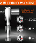 Side view of Stubby 1/4-Inch Ratchet Wrench Set With 90-Tooth Reversible Drive, Magnetic Bit Driver, and 1/4-Inch to 3/8-Inch Adapter
