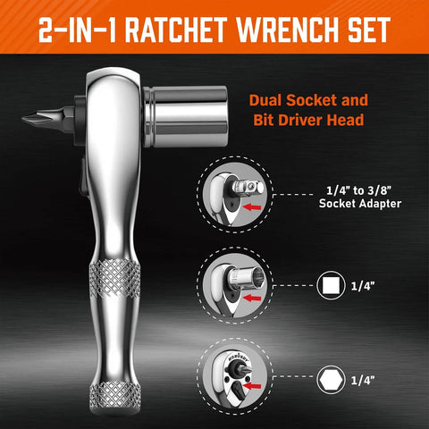 Side view of Stubby 1/4-Inch Ratchet Wrench Set With 90-Tooth Reversible Drive, Magnetic Bit Driver, and 1/4-Inch to 3/8-Inch Adapter