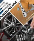 Durable and portable ratchet set used for auto repair, furniture repair, and socket tools. Features close-up of ratchet in use.
