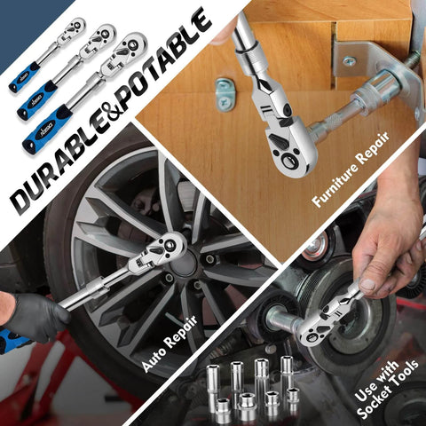 Durable and portable ratchet set used for auto repair, furniture repair, and socket tools. Features close-up of ratchet in use.