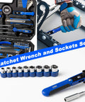160-Piece Home Repair Tool Kit With Toolbox, Durable Chrome Steel Tools And TPR Grips, blue case, includes ratchet wrench and sockets