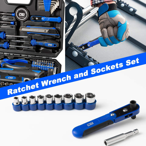 160-Piece Home Repair Tool Kit With Toolbox, Durable Chrome Steel Tools And TPR Grips, blue case, includes ratchet wrench and sockets