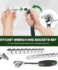 Hands using ratchet wrench from 269 Piece Tool Set For Home Auto And Mechanical Repairs Complete DIY Ready Tool Kit With Drawer Organizer Green For Men And Women Essential Hand Tools And Sockets Perfect For Quick Fixes And Weekend Projects.
