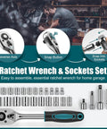 Close-up of ratchet wrench and socket set for 257 Piece DIY Ready Home Tool Kit For Household Repairs Complete Hand Tool Set in blue box.