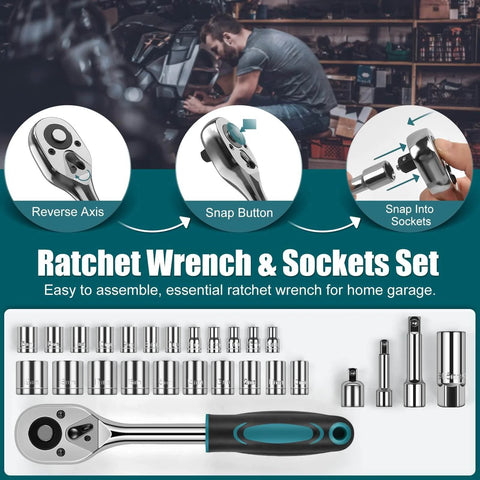 Close-up of ratchet wrench and socket set for 257 Piece DIY Ready Home Tool Kit For Household Repairs Complete Hand Tool Set in blue box.