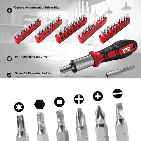 Beefy 259 Piece Tool Kit Do It All Set with driver bits, ratcheting bit driver, and extension holder displayed on white background.