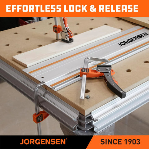 track saw ratcheting table clamp on workbench for woodworking