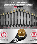 Ratcheting combination wrenches from 132-Piece Mechanics Tool Set, SAE/Metric 1/4" & 3/8" Drive Socket Set, shown with swing arc and toothed gear details.
