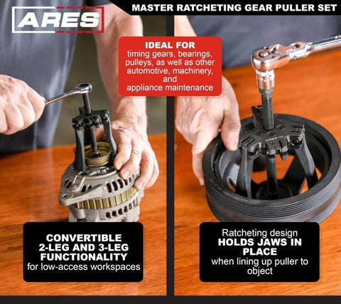 Master Ratcheting Gear Puller Set With 2 Ton And 5 Ton Units, Chrome Moly Steel Yoke Kit in use on automotive part