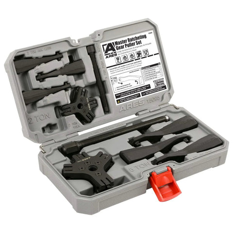 Master Ratcheting Gear Puller Set With 2 Ton And 5 Ton Units, Chrome Moly Steel Yoke Kit in open carrying case.