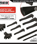Master Ratcheting Gear Puller Set With 2 Ton And 5 Ton Units, Chrome Moly Steel Yoke Kit, showing components and black phosphate finish